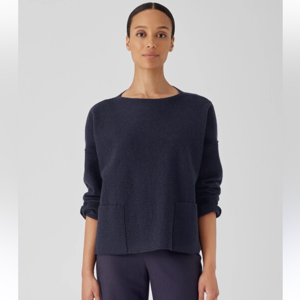 Eileen Fisher Lightweight Boiled Wool Bateau Neck Top Regenerative Wool Blue XL